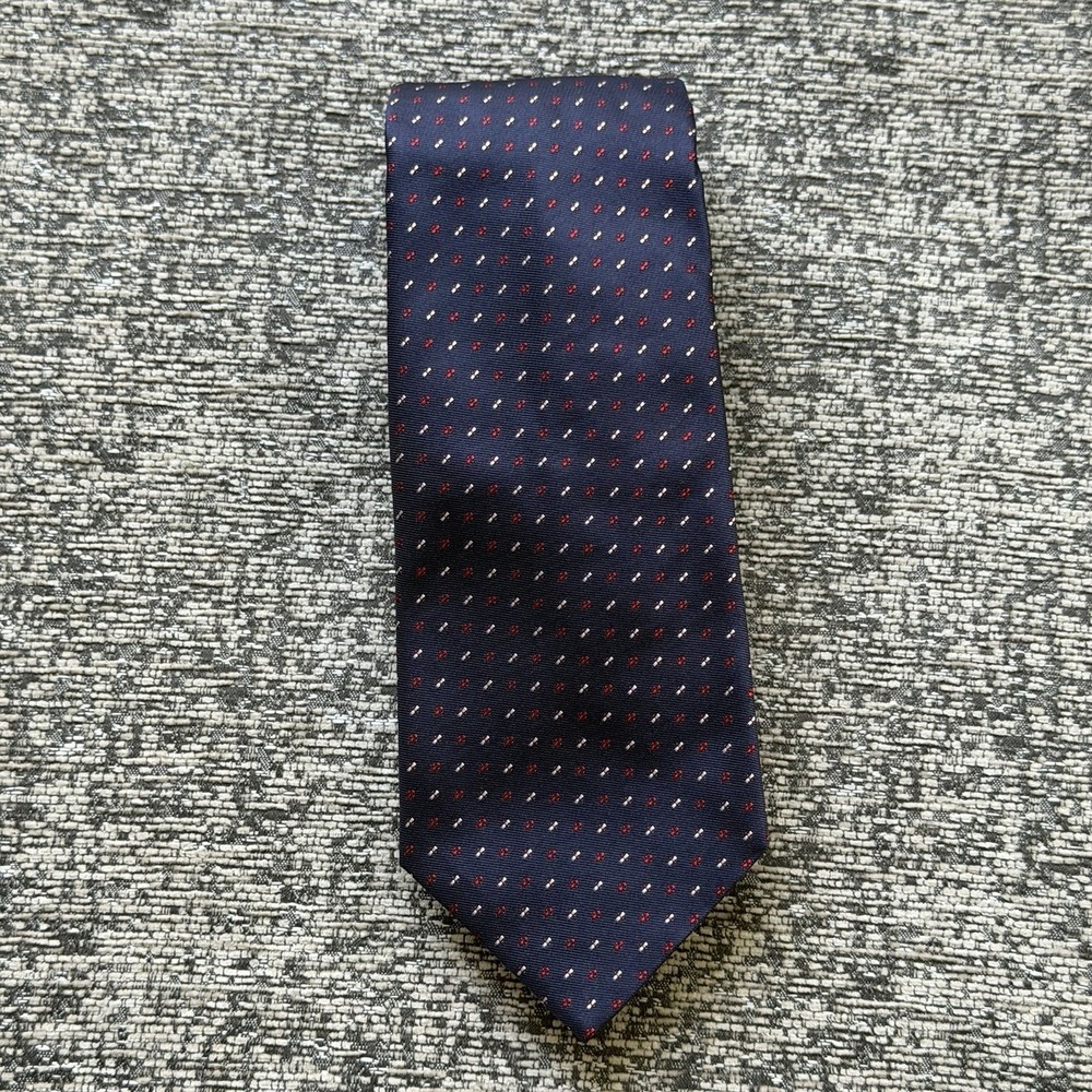 Vintage Tiffany & Co Silk Jacquard Tie Italy Navy Red White Geometric Foulard